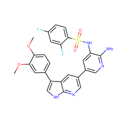 COc1ccc(-c2c[nH]c3ncc(-c4cnc(N)c(NS(=O)(=O)c5ccc(F)cc5F)c4)cc23)cc1OC ZINC000064559666