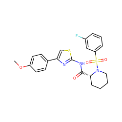 COc1ccc(-c2csc(NC(=O)[C@H]3CCCCN3S(=O)(=O)c3cccc(F)c3)n2)cc1 ZINC000084687107