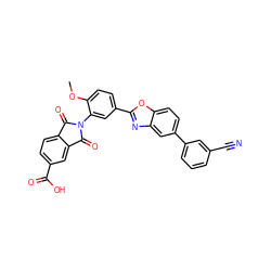 COc1ccc(-c2nc3cc(-c4cccc(C#N)c4)ccc3o2)cc1N1C(=O)c2ccc(C(=O)O)cc2C1=O ZINC000026979355