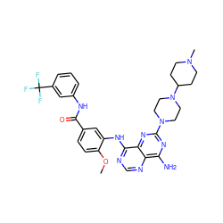 COc1ccc(C(=O)Nc2cccc(C(F)(F)F)c2)cc1Nc1ncnc2c(N)nc(N3CCN(C4CCN(C)CC4)CC3)nc12 ZINC000165255492