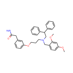 COc1ccc(CN(CCCOc2cccc(CC(N)=O)c2)CC(c2ccccc2)c2ccccc2)c(OC)c1 ZINC000014972993
