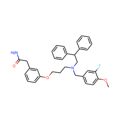 COc1ccc(CN(CCCOc2cccc(CC(N)=O)c2)CC(c2ccccc2)c2ccccc2)cc1F ZINC000013473319