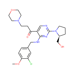 COc1ccc(CNc2nc(N3CCC[C@H]3CO)ncc2C(=O)CCN2CCOCC2)cc1Cl ZINC000143960577