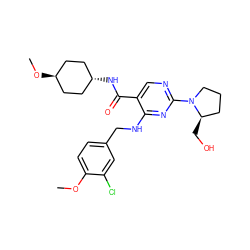 COc1ccc(CNc2nc(N3CCC[C@H]3CO)ncc2C(=O)N[C@H]2CC[C@H](OC)CC2)cc1Cl ZINC000299839945