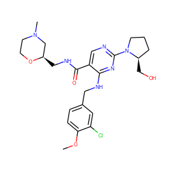 COc1ccc(CNc2nc(N3CCC[C@H]3CO)ncc2C(=O)NC[C@@H]2CN(C)CCO2)cc1Cl ZINC000167002509