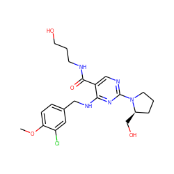 COc1ccc(CNc2nc(N3CCC[C@H]3CO)ncc2C(=O)NCCCO)cc1Cl ZINC000299823592