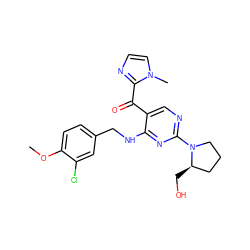 COc1ccc(CNc2nc(N3CCC[C@H]3CO)ncc2C(=O)c2nccn2C)cc1Cl ZINC000165224182