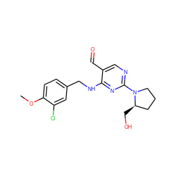 COc1ccc(CNc2nc(N3CCC[C@H]3CO)ncc2C=O)cc1Cl ZINC000140169299