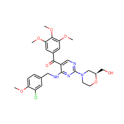 COc1ccc(CNc2nc(N3CCO[C@H](CO)C3)ncc2C(=O)c2cc(OC)c(OC)c(OC)c2)cc1Cl ZINC000137419725