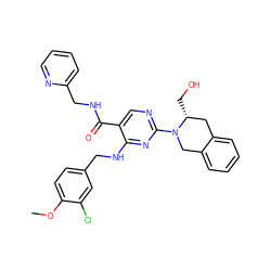 COc1ccc(CNc2nc(N3Cc4ccccc4C[C@H]3CO)ncc2C(=O)NCc2ccccn2)cc1Cl ZINC000299840786