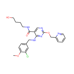 COc1ccc(CNc2nc(OCc3ccccn3)ncc2C(=O)NCCCCO)cc1Cl ZINC000299841433