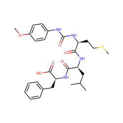 COc1ccc(NC(=O)N[C@@H](CCSC)C(=O)N[C@@H](CC(C)C)C(=O)N[C@@H](Cc2ccccc2)C(=O)O)cc1 ZINC000025973342