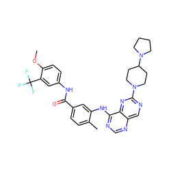 COc1ccc(NC(=O)c2ccc(C)c(Nc3ncnc4cnc(N5CCC(N6CCCC6)CC5)nc34)c2)cc1C(F)(F)F ZINC000148350185