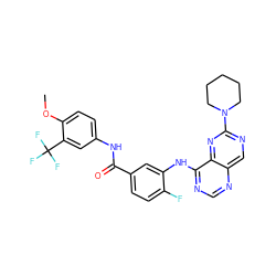COc1ccc(NC(=O)c2ccc(F)c(Nc3ncnc4cnc(N5CCCCC5)nc34)c2)cc1C(F)(F)F ZINC000148073963