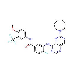 COc1ccc(NC(=O)c2ccc(F)c(Nc3ncnc4cnc(N5CCCCCC5)nc34)c2)cc1C(F)(F)F ZINC000148073084