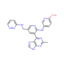 COc1ccc(Nc2ncc(CNc3cccnn3)cc2-c2nc(C)nc3[nH]cnc23)cn1 ZINC000113153257