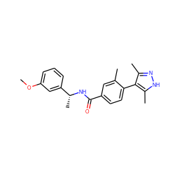 COc1cccc([C@@H](C)NC(=O)c2ccc(-c3c(C)n[nH]c3C)c(C)c2)c1 ZINC001772631524