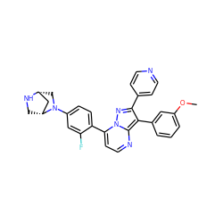 COc1cccc(-c2c(-c3ccncc3)nn3c(-c4ccc(N5C[C@@H]6C[C@H]5CN6)cc4F)ccnc23)c1 ZINC000049033863