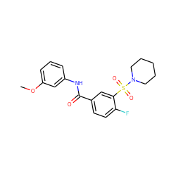 COc1cccc(NC(=O)c2ccc(F)c(S(=O)(=O)N3CCCCC3)c2)c1 ZINC000016029990