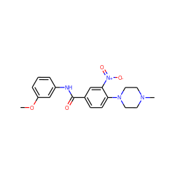 COc1cccc(NC(=O)c2ccc(N3CCN(C)CC3)c([N+](=O)[O-])c2)c1 ZINC000004977928