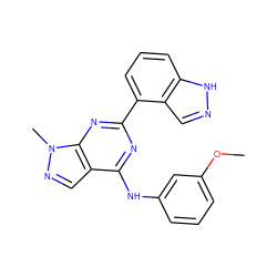 COc1cccc(Nc2nc(-c3cccc4[nH]ncc34)nc3c2cnn3C)c1 ZINC000064528118