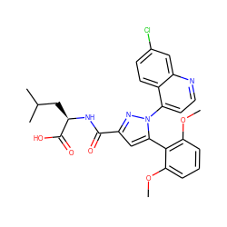 COc1cccc(OC)c1-c1cc(C(=O)N[C@H](CC(C)C)C(=O)O)nn1-c1ccnc2cc(Cl)ccc12 ZINC000040866892