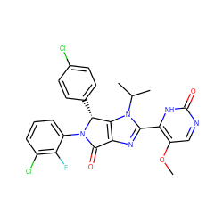 COc1cnc(=O)[nH]c1-c1nc2c(n1C(C)C)[C@@H](c1ccc(Cl)cc1)N(c1cccc(Cl)c1F)C2=O ZINC000225317834