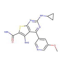 COc1cncc(-c2nc(NC3CC3)nc3sc(C(N)=O)c(N)c23)c1 ZINC000073219074