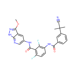 COc1n[nH]c2ncc(NC(=O)c3c(F)ccc(NC(=O)c4cccc(C(C)(C)C#N)c4)c3F)cc12 ZINC000095577709
