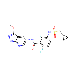 COc1n[nH]c2ncc(NC(=O)c3c(F)ccc(NS(=O)(=O)CC4CC4)c3F)cc12 ZINC000072182195