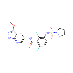 COc1n[nH]c2ncc(NC(=O)c3c(F)ccc(NS(=O)(=O)N4CCCC4)c3F)cc12 ZINC000072182224