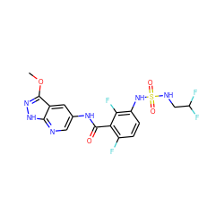 COc1n[nH]c2ncc(NC(=O)c3c(F)ccc(NS(=O)(=O)NCC(F)F)c3F)cc12 ZINC000043207241