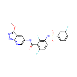 COc1n[nH]c2ncc(NC(=O)c3c(F)ccc(NS(=O)(=O)c4cccc(F)c4)c3F)cc12 ZINC000072181088