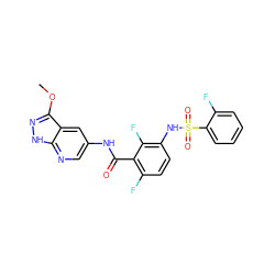 COc1n[nH]c2ncc(NC(=O)c3c(F)ccc(NS(=O)(=O)c4ccccc4F)c3F)cc12 ZINC000072181202