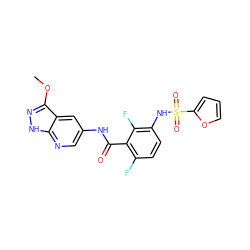 COc1n[nH]c2ncc(NC(=O)c3c(F)ccc(NS(=O)(=O)c4ccco4)c3F)cc12 ZINC000072178641
