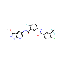 COc1n[nH]c2ncc(NC(=O)c3cc(NC(=O)c4ccc(Cl)c(C(F)(F)F)c4)ccc3F)cc12 ZINC000095575403