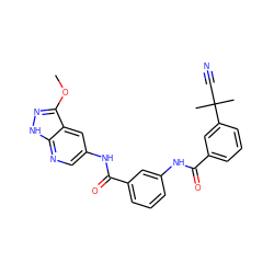 COc1n[nH]c2ncc(NC(=O)c3cccc(NC(=O)c4cccc(C(C)(C)C#N)c4)c3)cc12 ZINC000095579978