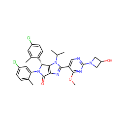 COc1nc(N2CC(O)C2)ncc1-c1nc2c(n1C(C)C)[C@@H](c1ccc(Cl)cc1C)N(c1cc(Cl)ccc1C)C2=O ZINC000169705481