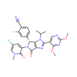 COc1ncc(-c2nc3c(n2C(C)C)[C@@H](c2ccc(C#N)c(F)c2)N(c2cc(Cl)cn(C)c2=O)C3=O)c(OC)n1 ZINC000169705811
