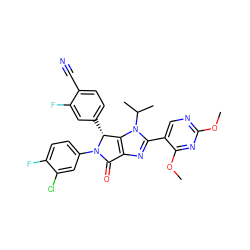 COc1ncc(-c2nc3c(n2C(C)C)[C@@H](c2ccc(C#N)c(F)c2)N(c2ccc(F)c(Cl)c2)C3=O)c(OC)n1 ZINC000169705871