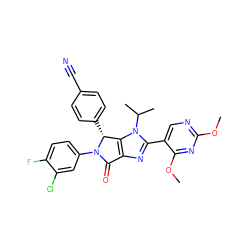 COc1ncc(-c2nc3c(n2C(C)C)[C@@H](c2ccc(C#N)cc2)N(c2ccc(F)c(Cl)c2)C3=O)c(OC)n1 ZINC000169705517