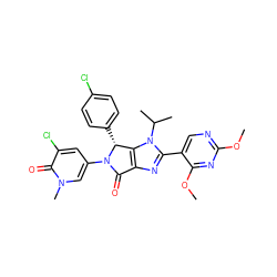 COc1ncc(-c2nc3c(n2C(C)C)[C@@H](c2ccc(Cl)cc2)N(c2cc(Cl)c(=O)n(C)c2)C3=O)c(OC)n1 ZINC000169705487