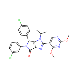 COc1ncc(-c2nc3c(n2C(C)C)[C@@H](c2ccc(Cl)cc2)N(c2cccc(Cl)c2)C3=O)c(OC)n1 ZINC000169705725