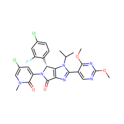 COc1ncc(-c2nc3c(n2C(C)C)[C@@H](c2ccc(Cl)cc2F)N(c2cc(Cl)cn(C)c2=O)C3=O)c(OC)n1 ZINC000169705843