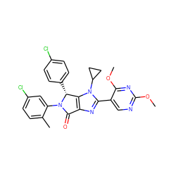 COc1ncc(-c2nc3c(n2C2CC2)[C@@H](c2ccc(Cl)cc2)N(c2cc(Cl)ccc2C)C3=O)c(OC)n1 ZINC000169705679
