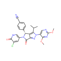 COc1ncc(-n2nc3c(c2C(C)C)[C@@H](c2ccc(C#N)cc2)N(c2c[nH]c(=O)c(Cl)c2)C3=O)c(OC)n1 ZINC000206095137