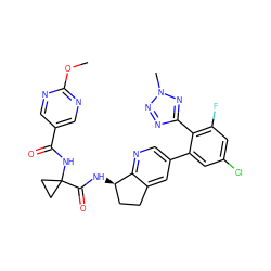 COc1ncc(C(=O)NC2(C(=O)N[C@@H]3CCc4cc(-c5cc(Cl)cc(F)c5-c5nnn(C)n5)cnc43)CC2)cn1 ZINC000142225690