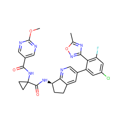 COc1ncc(C(=O)NC2(C(=O)N[C@@H]3CCc4cc(-c5cc(Cl)cc(F)c5-c5noc(C)n5)cnc43)CC2)cn1 ZINC000142223895