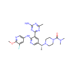 COc1ncc(Nc2ncc([C@@H](C)N3CCN(C(=O)N(C)C)CC3)cc2-c2nc(C)nc(N)n2)cc1F ZINC000113241394
