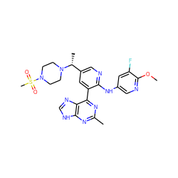 COc1ncc(Nc2ncc([C@@H](C)N3CCN(S(C)(=O)=O)CC3)cc2-c2nc(C)nc3[nH]cnc23)cc1F ZINC000113148471